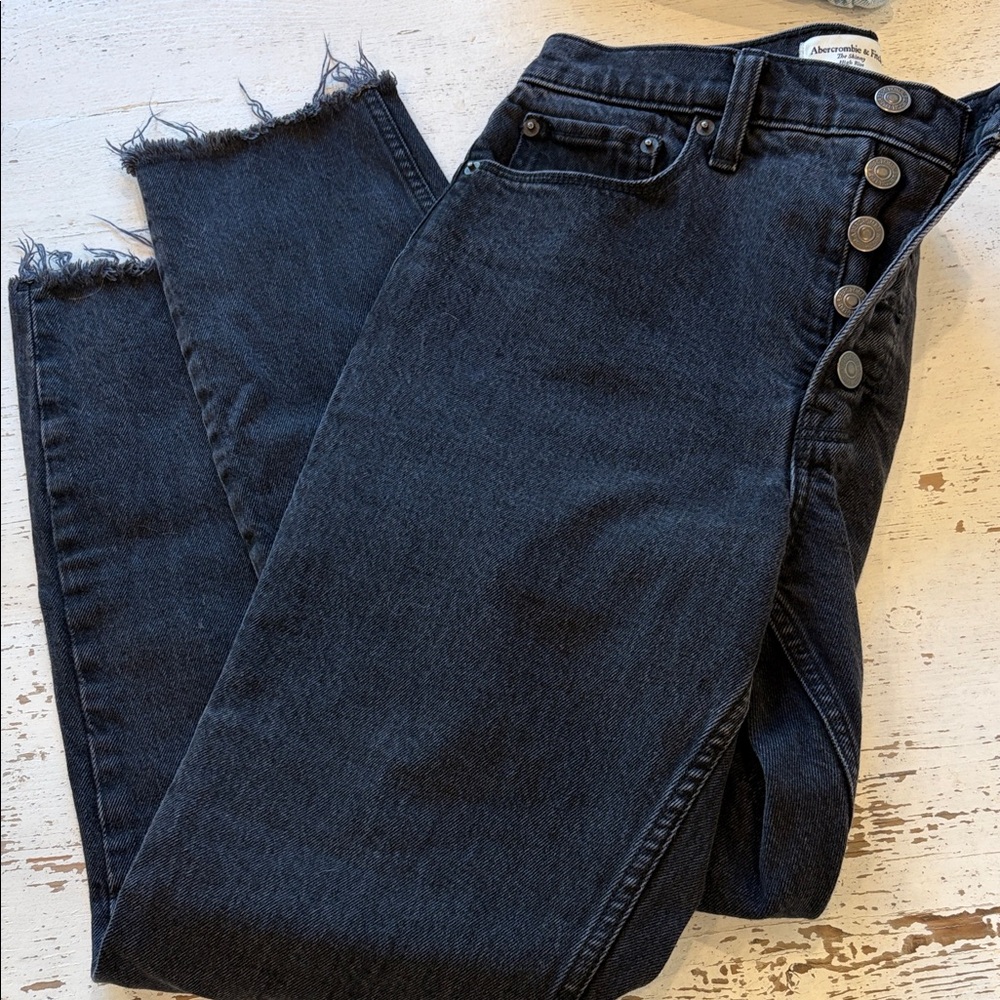 Abercrombie & Fitch High-Rise Black Button-Fly Jeans with Raw Hem
